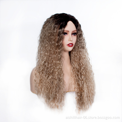 Wholesale Long synthetic fiber heat resistant ombre black to light brown water wave fiber synthettic hair wigs for women